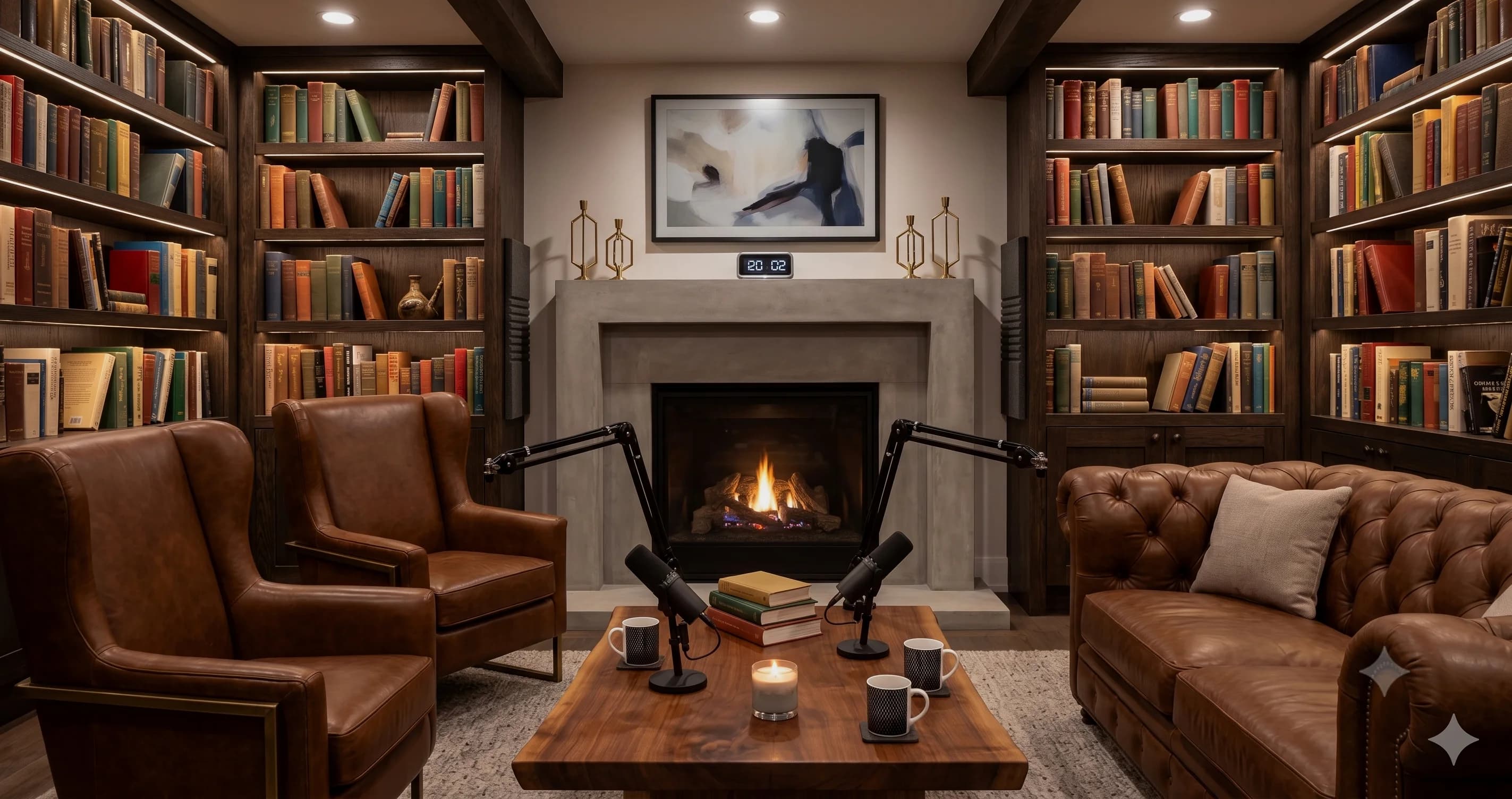 A warm reading room with leather chairs, microphones, and a lit fireplace