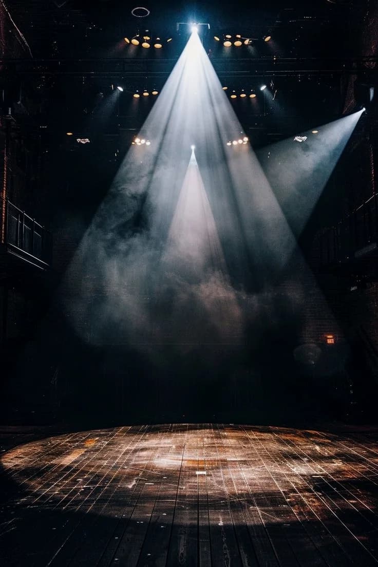 Spotlight beams cutting through haze onto an empty wooden stage