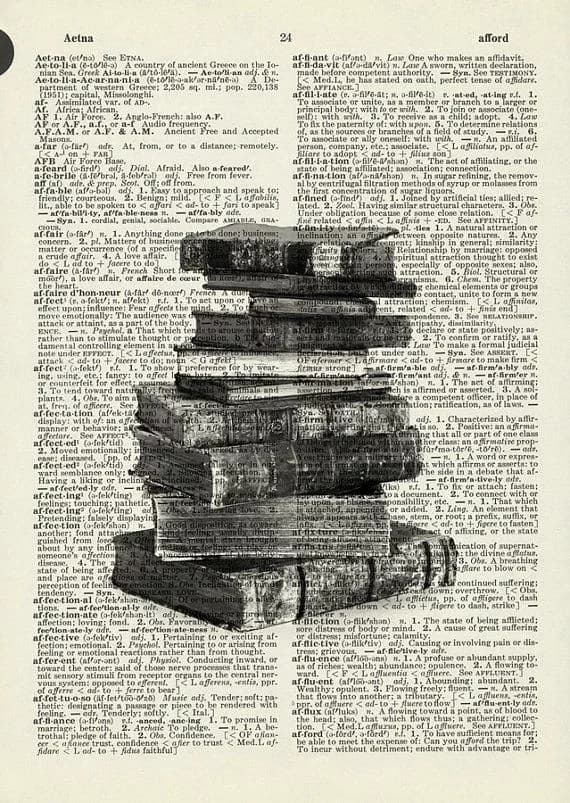 A weathered stack of old books printed over a dictionary page