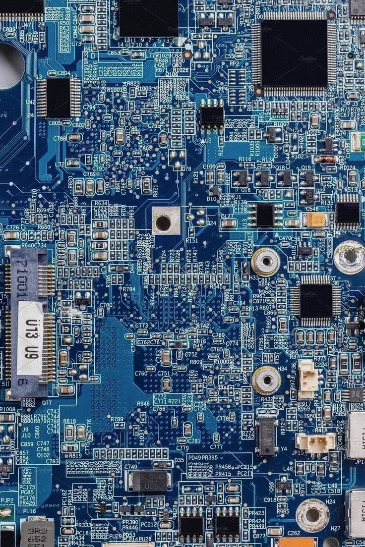 Dense blue circuit board, photographed from above